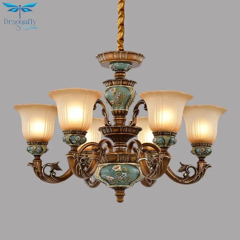 6/8 - Bulb Suspension Pendant Light Antique Style Blossom Shaped Opal Glass Chandelier Fixture In