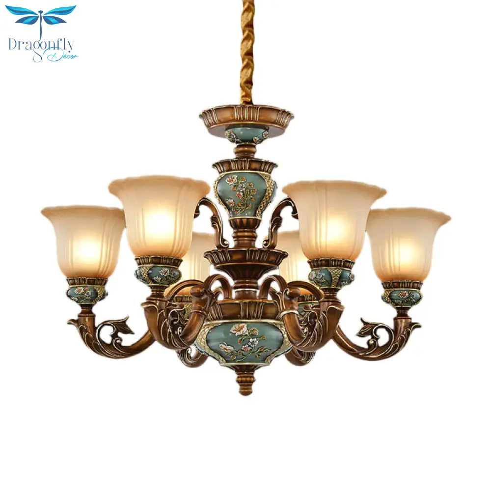 6/8 - Bulb Suspension Pendant Light Antique Style Blossom Shaped Opal Glass Chandelier Fixture In
