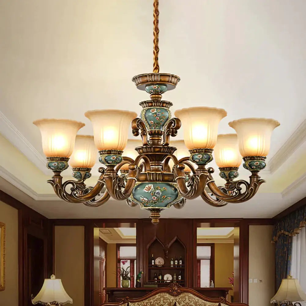 6/8 - Bulb Suspension Pendant Light Antique Style Blossom Shaped Opal Glass Chandelier Fixture In
