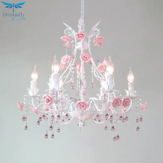 6/8 Bulbs Candle Hanging Chandelier Traditionalist White Crystal Ceiling Suspension Lamp For Bedroom