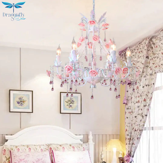 6/8 Bulbs Candle Hanging Chandelier Traditionalist White Crystal Ceiling Suspension Lamp For Bedroom