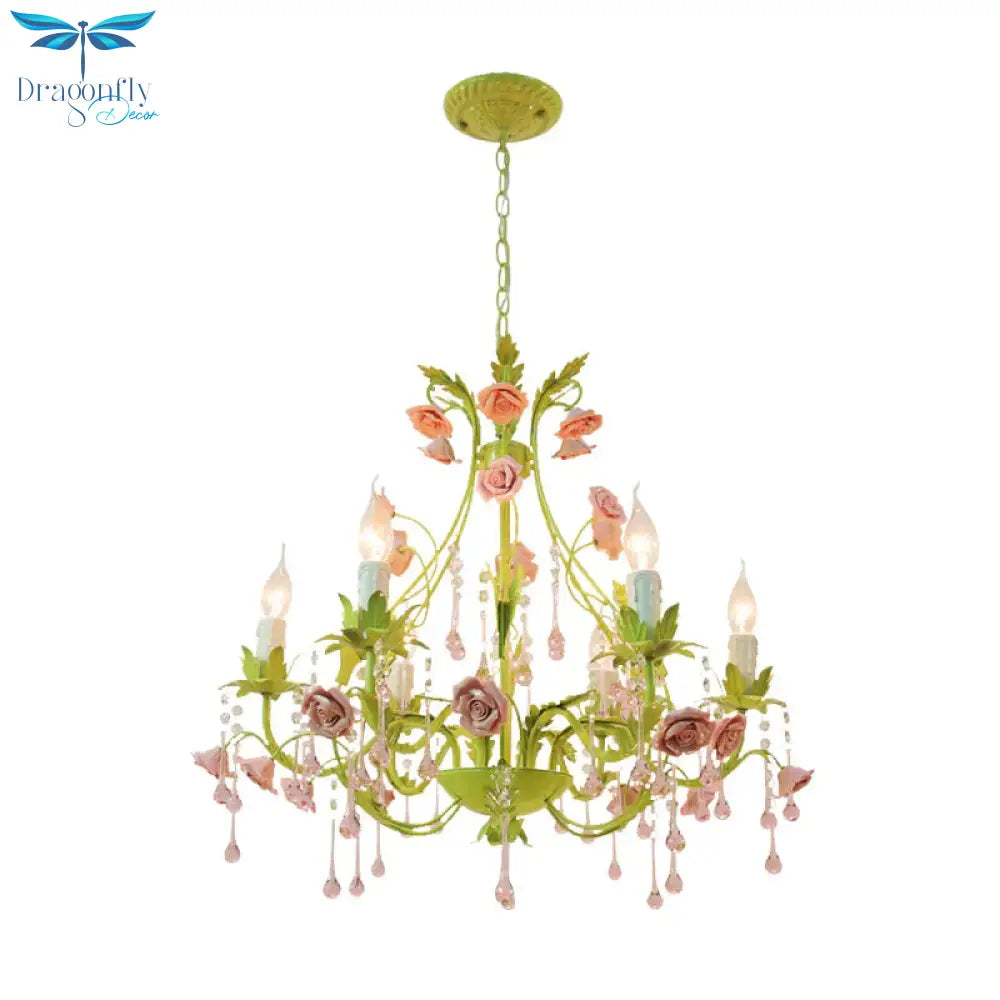 6/8 Bulbs Candle Pendant Lamp Traditionalism Green Crystal Chandelier Light Fixture For Bedroom
