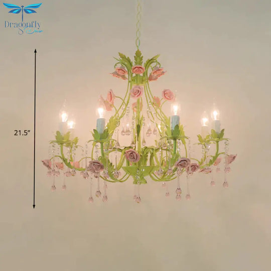 6/8 Bulbs Candle Pendant Lamp Traditionalism Green Crystal Chandelier Light Fixture For Bedroom