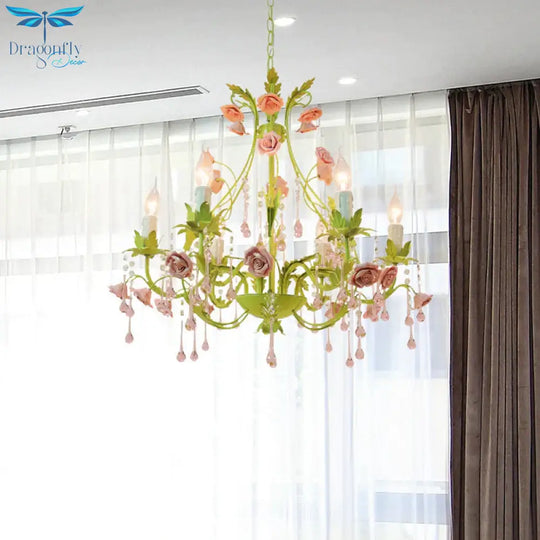 6/8 Bulbs Candle Pendant Lamp Traditionalism Green Crystal Chandelier Light Fixture For Bedroom