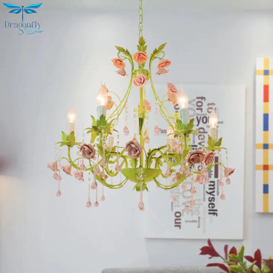 6/8 Bulbs Candle Pendant Lamp Traditionalism Green Crystal Chandelier Light Fixture For Bedroom