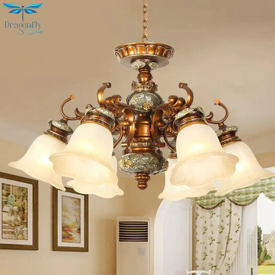 6/8 Bulbs Hanging Chandelier With Floral Shade Milky Glass Vintage Style Guest Room Ceiling Hang