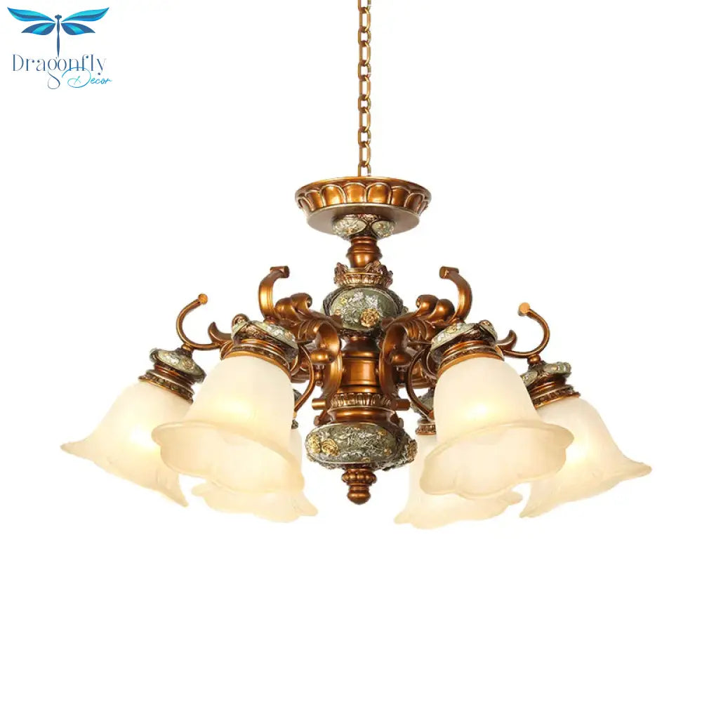 6/8 Bulbs Hanging Chandelier With Floral Shade Milky Glass Vintage Style Guest Room Ceiling Hang