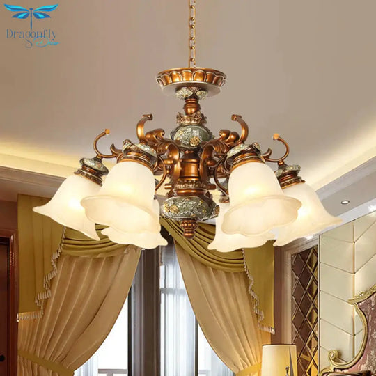 6/8 Bulbs Hanging Chandelier With Floral Shade Milky Glass Vintage Style Guest Room Ceiling Hang