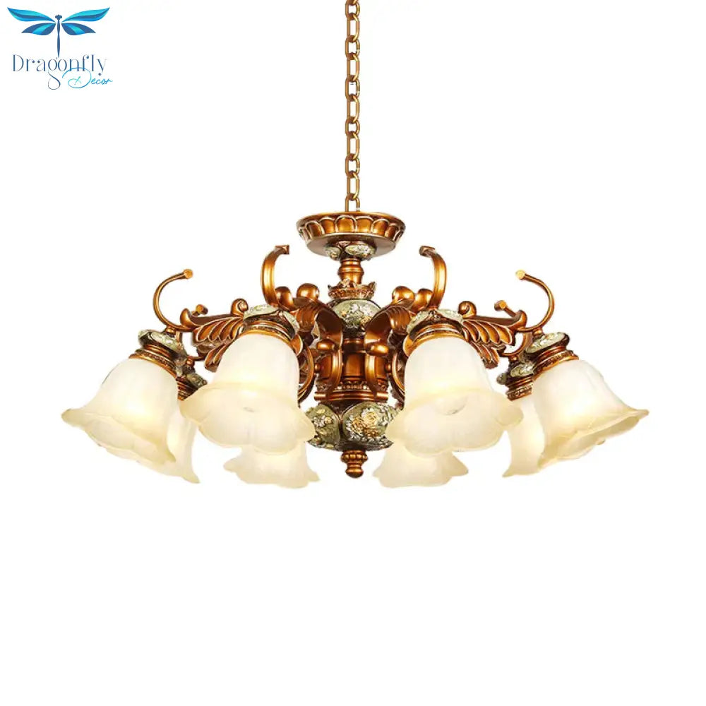 6/8 Bulbs Hanging Chandelier With Floral Shade Milky Glass Vintage Style Guest Room Ceiling Hang