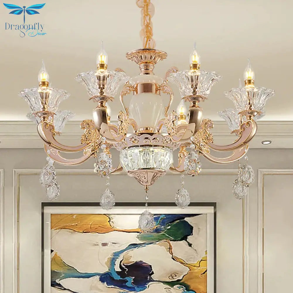 6/8 Bulbs Suspension Lighting Traditional Flower Clear Crystal Shade Chandelier With Curvy Arm In