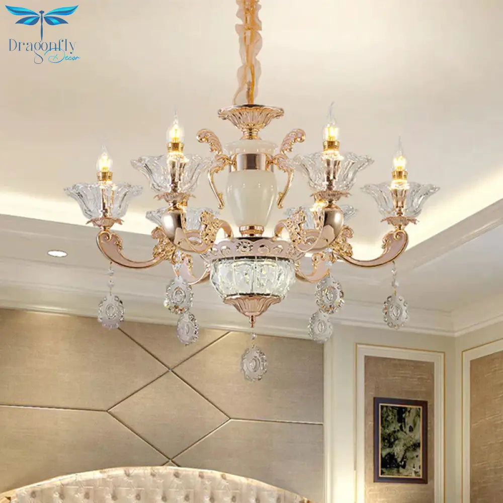 6/8 Bulbs Suspension Lighting Traditional Flower Clear Crystal Shade Chandelier With Curvy Arm In