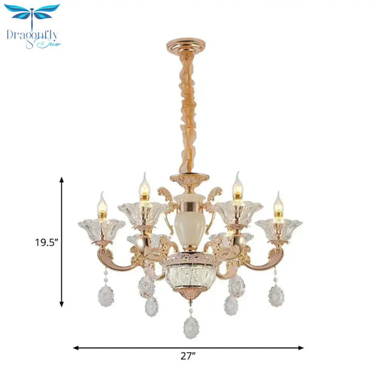 6/8 Bulbs Suspension Lighting Traditional Flower Clear Crystal Shade Chandelier With Curvy Arm In