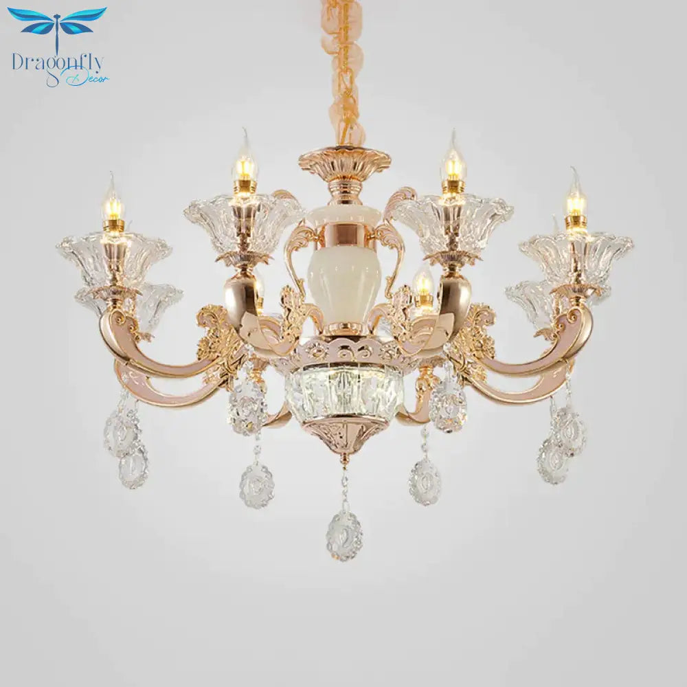6/8 Bulbs Suspension Lighting Traditional Flower Clear Crystal Shade Chandelier With Curvy Arm In