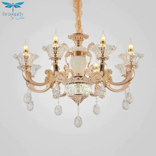 6/8 Bulbs Suspension Lighting Traditional Flower Clear Crystal Shade Chandelier With Curvy Arm In