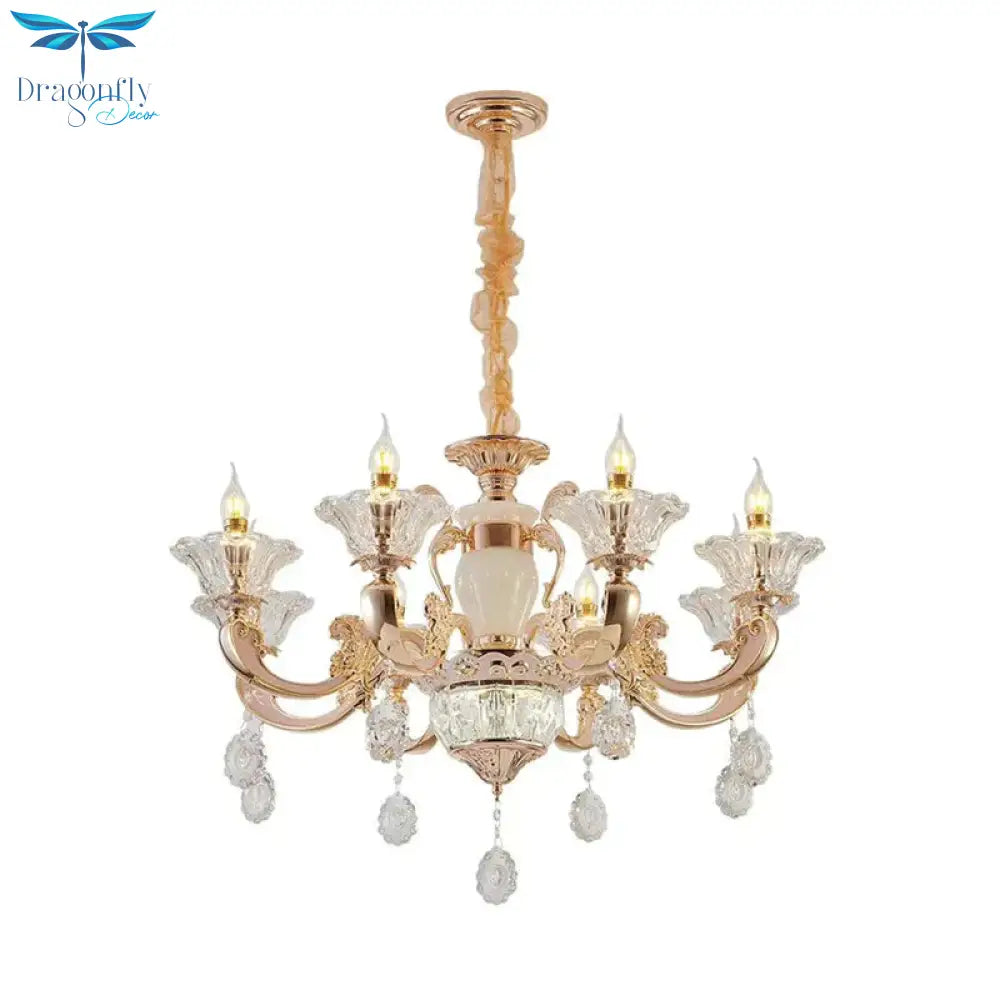 6/8 Bulbs Suspension Lighting Traditional Flower Clear Crystal Shade Chandelier With Curvy Arm In