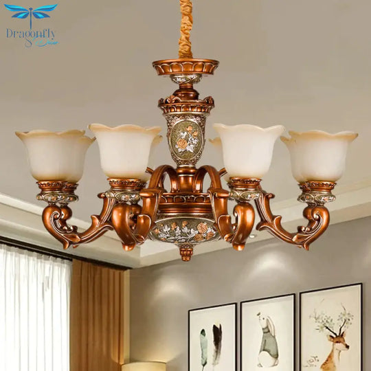 6/8 - Head Cream Glass Chandelier Lighting Vintage Brown Floral Shaped Dining Room Ceiling Pendant