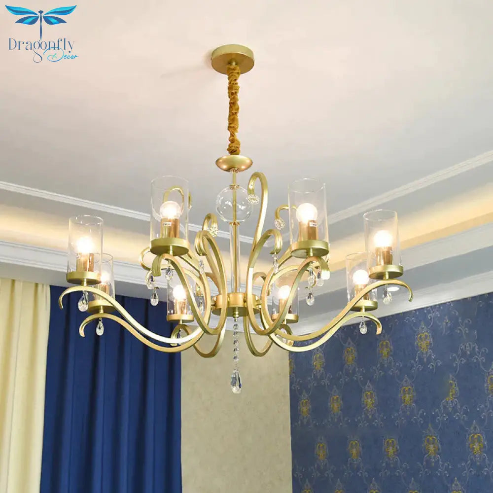 6/8 - Head Tube Shade Chandelier Lamp Antiqued Gold Clear Glass Hanging Ceiling Light With K9