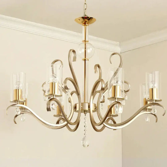6/8 - Head Tube Shade Chandelier Lamp Antiqued Gold Clear Glass Hanging Ceiling Light With K9