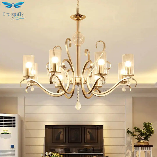 6/8 - Head Tube Shade Chandelier Lamp Antiqued Gold Clear Glass Hanging Ceiling Light With K9