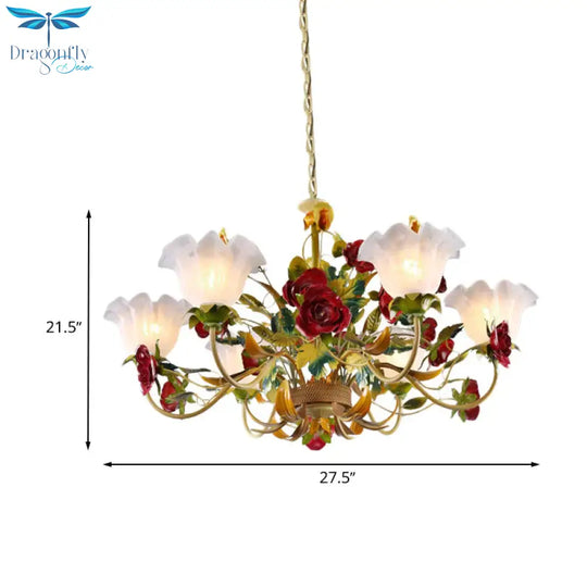 6/8 Heads Ceiling Hang Fixture Countryside Bloom Ivory Glass Pendant Chandelier In Light Tan