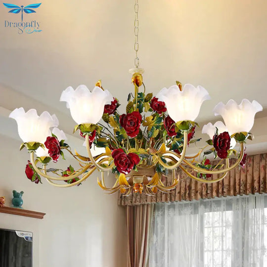6/8 Heads Ceiling Hang Fixture Countryside Bloom Ivory Glass Pendant Chandelier In Light Tan