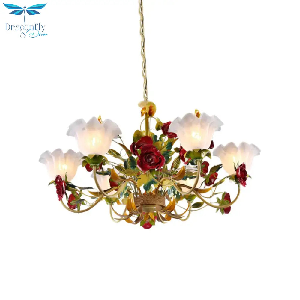6/8 Heads Ceiling Hang Fixture Countryside Bloom Ivory Glass Pendant Chandelier In Light Tan