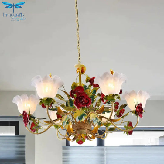 6/8 Heads Ceiling Hang Fixture Countryside Bloom Ivory Glass Pendant Chandelier In Light Tan