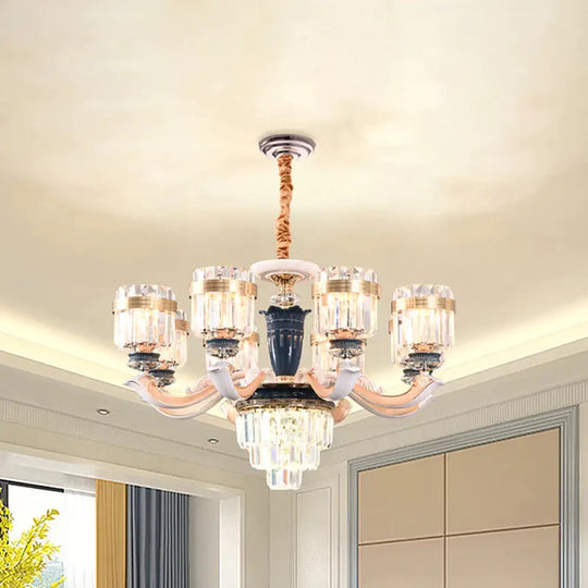 6/8 Heads Chandelier Lighting Traditional Cylindrical Clear Crystal Block Ceiling Hang Fixture 8 /