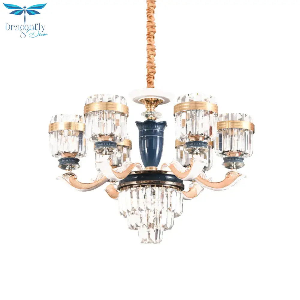 6/8 Heads Chandelier Lighting Traditional Cylindrical Clear Crystal Block Ceiling Hang Fixture