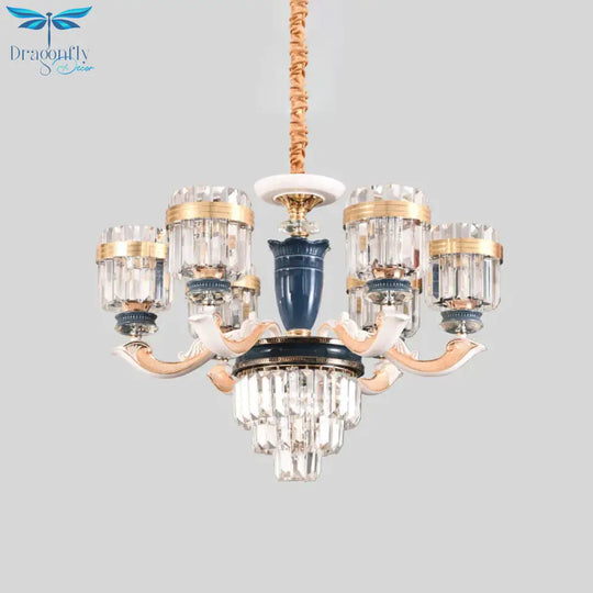 6/8 Heads Chandelier Lighting Traditional Cylindrical Clear Crystal Block Ceiling Hang Fixture
