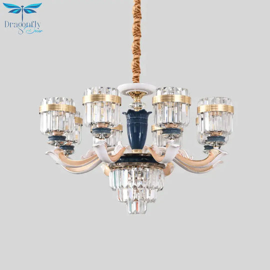 6/8 Heads Chandelier Lighting Traditional Cylindrical Clear Crystal Block Ceiling Hang Fixture