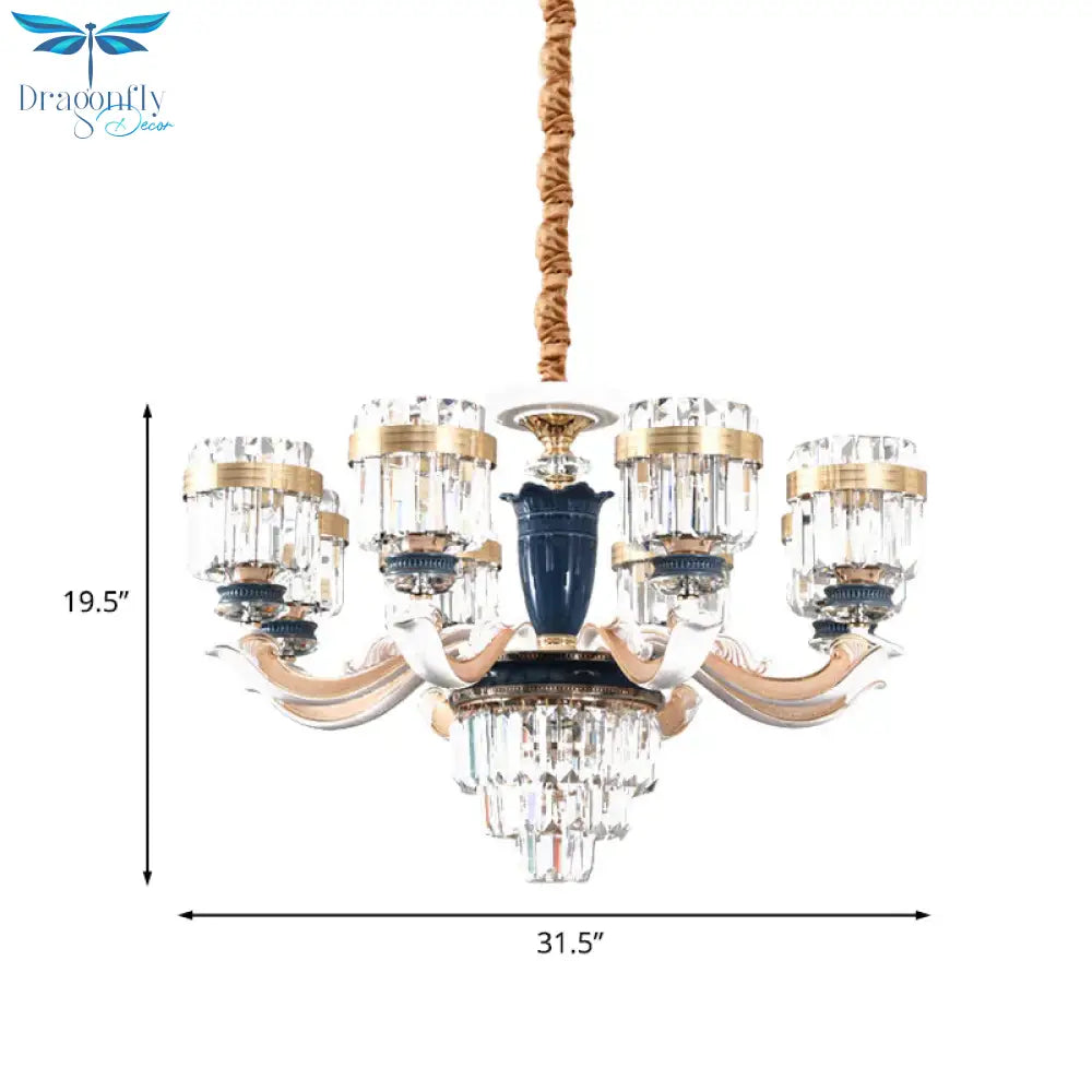6/8 Heads Chandelier Lighting Traditional Cylindrical Clear Crystal Block Ceiling Hang Fixture