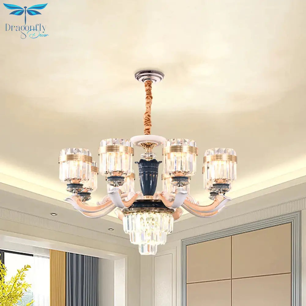 6/8 Heads Chandelier Lighting Traditional Cylindrical Clear Crystal Block Ceiling Hang Fixture