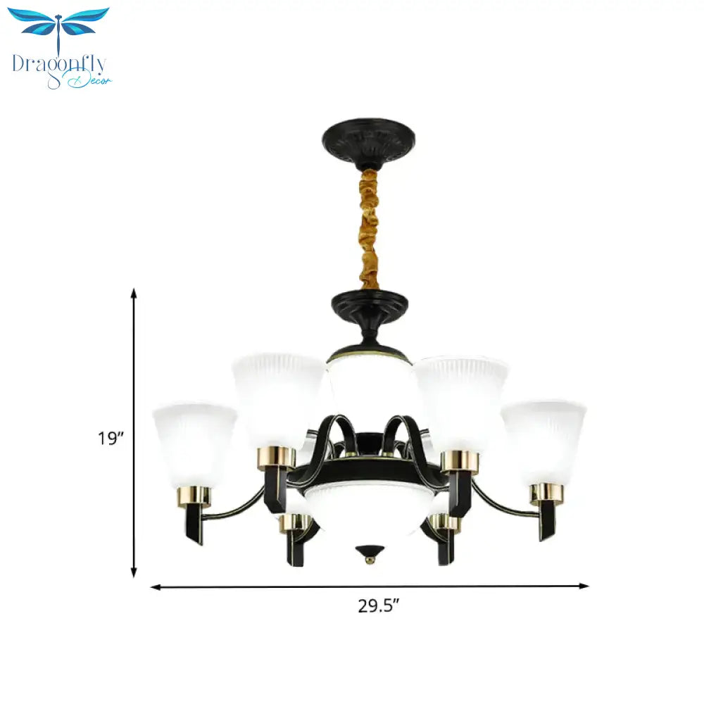 6/8 Heads Conical Chandelier Light Traditional Black Opal Glass Hanging Pendant With Curved Arm