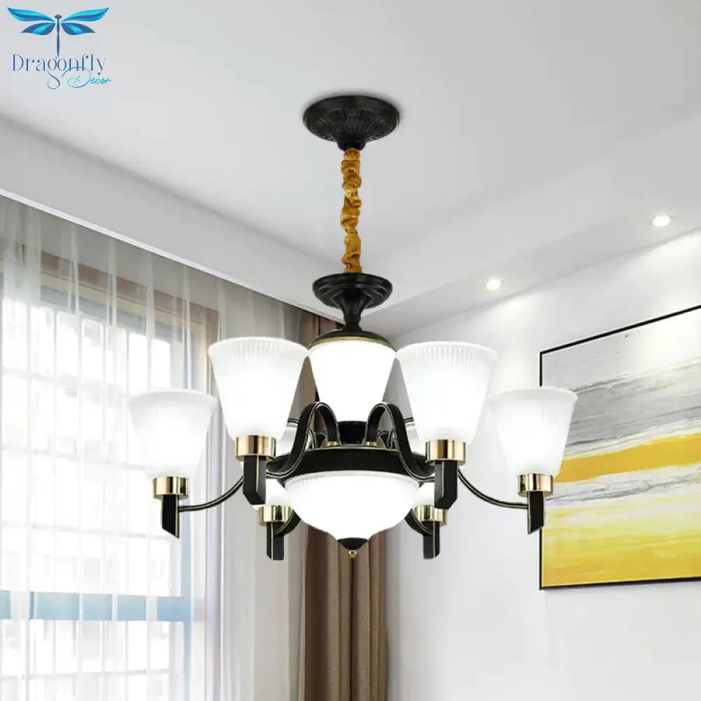 6/8 Heads Conical Chandelier Light Traditional Black Opal Glass Hanging Pendant With Curved Arm