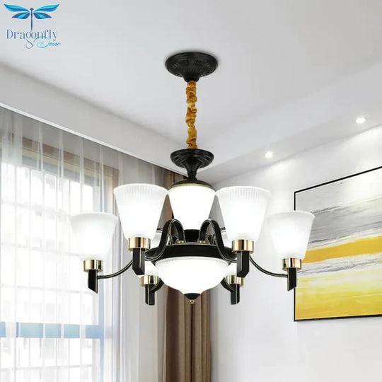 6/8 Heads Conical Chandelier Light Traditional Black Opal Glass Hanging Pendant With Curved Arm