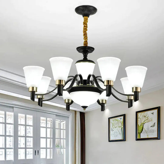 6/8 Heads Conical Chandelier Light Traditional Black Opal Glass Hanging Pendant With Curved Arm 8 /