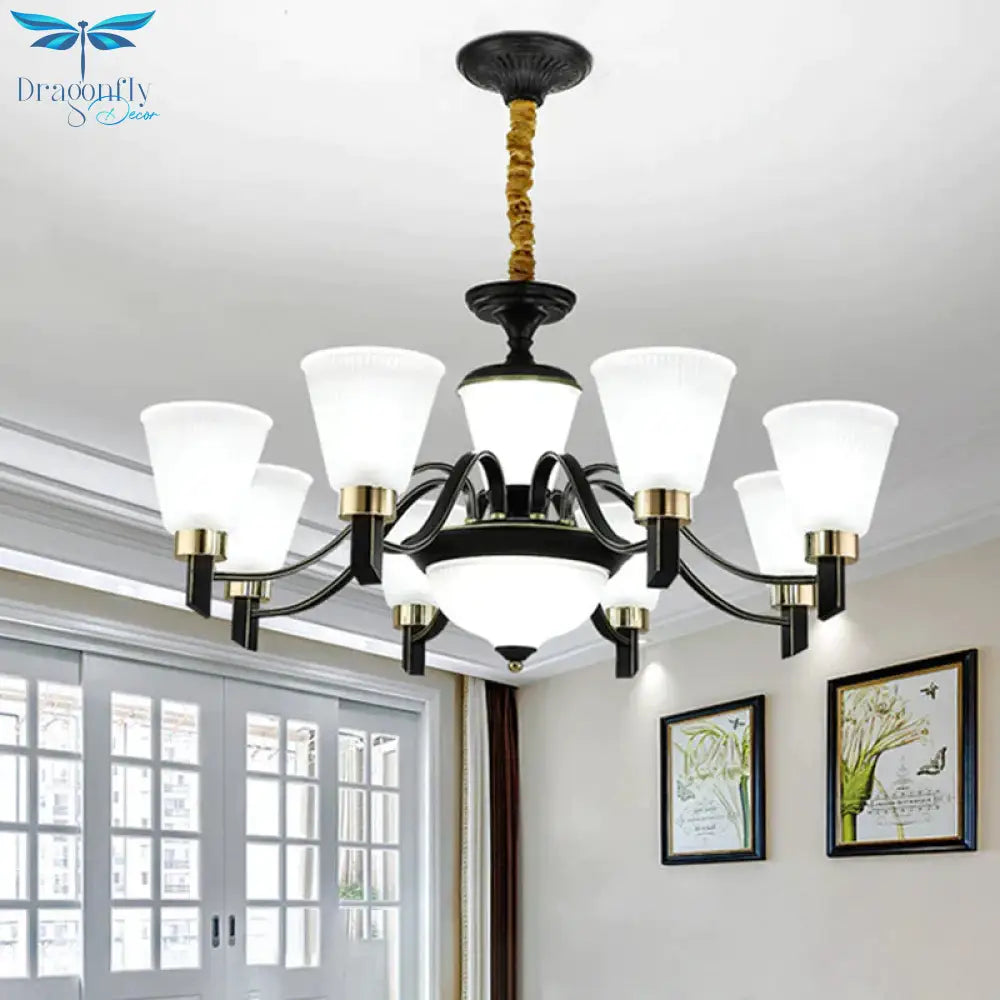 6/8 Heads Conical Chandelier Light Traditional Black Opal Glass Hanging Pendant With Curved Arm