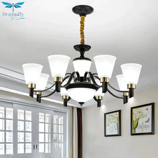 6/8 Heads Conical Chandelier Light Traditional Black Opal Glass Hanging Pendant With Curved Arm