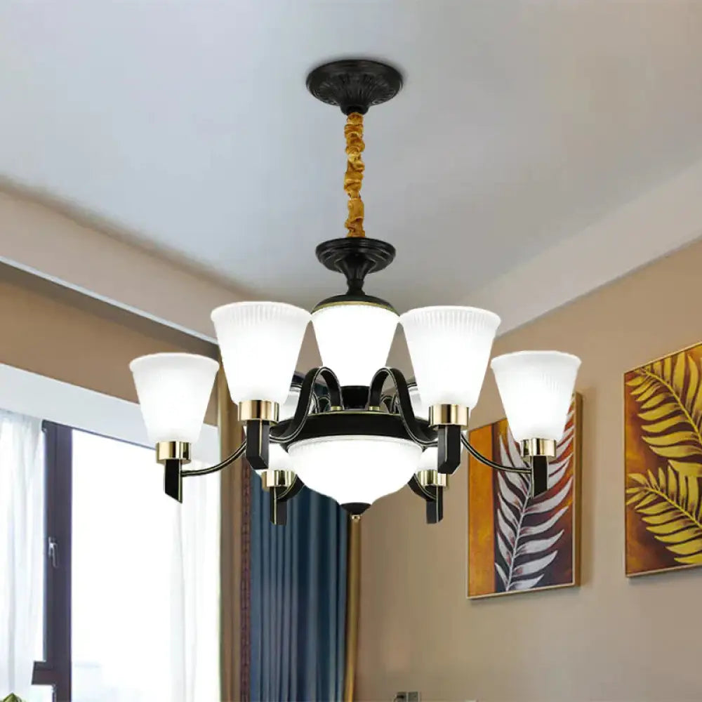 6/8 Heads Conical Chandelier Light Traditional Black Opal Glass Hanging Pendant With Curved Arm 6 /