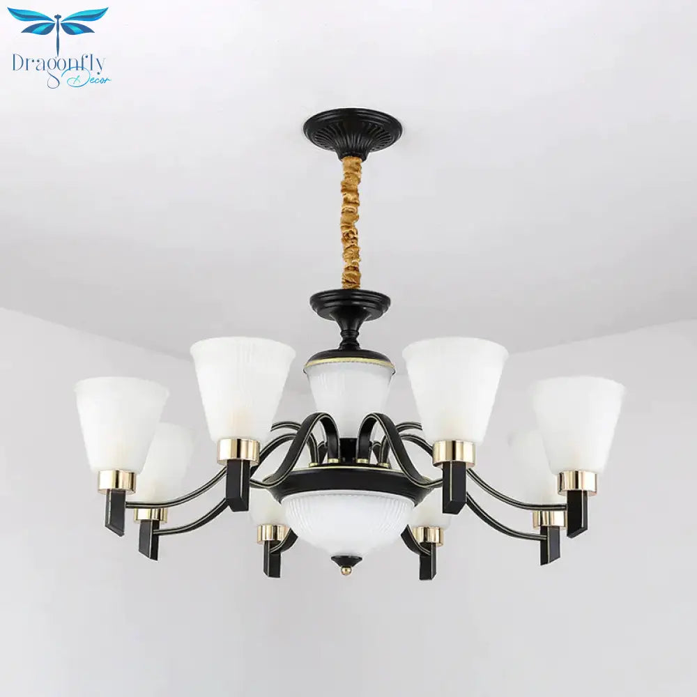 6/8 Heads Conical Chandelier Light Traditional Black Opal Glass Hanging Pendant With Curved Arm
