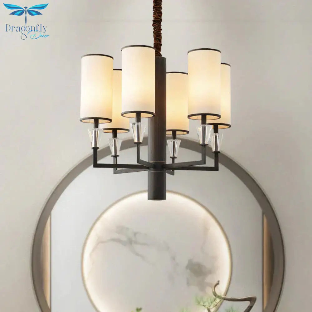 6/8 Heads Fabric Chandelier Lamp Traditional White Column Dining Table Suspension Pendant Light