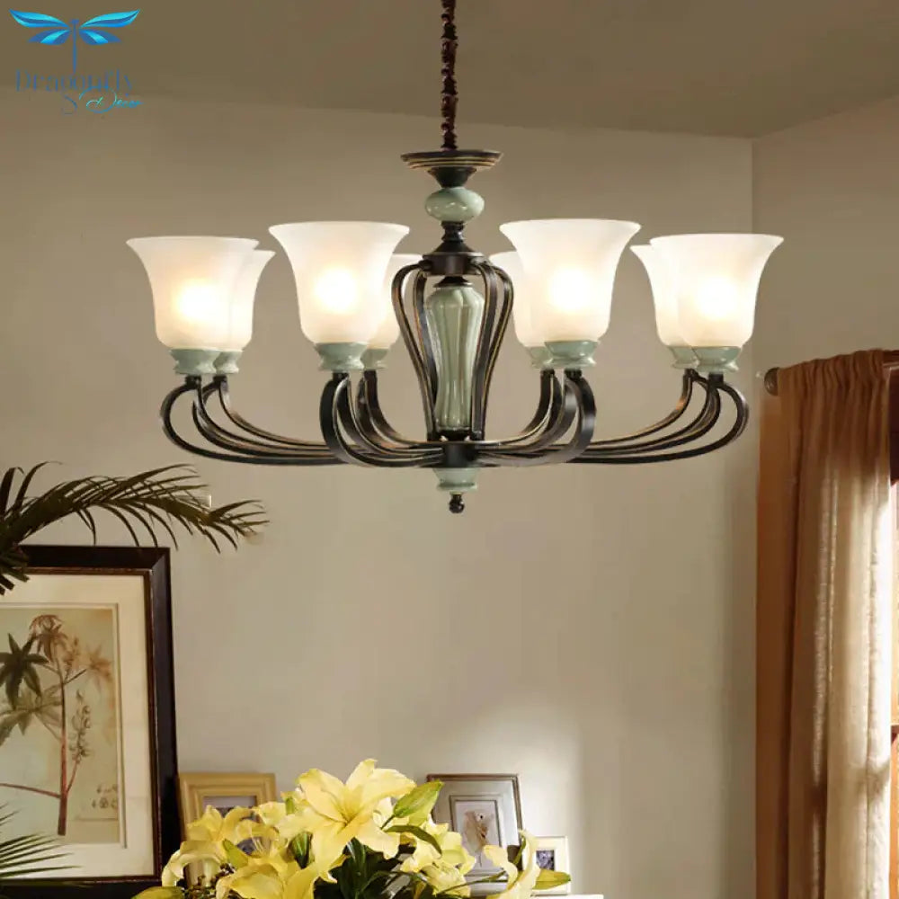 6/8 Heads Frosted Glass Chandelier Traditional Black Finish Bell Living Room Pendant Light Kit With