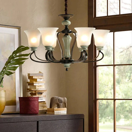 6/8 Heads Frosted Glass Chandelier Traditional Black Finish Bell Living Room Pendant Light Kit With