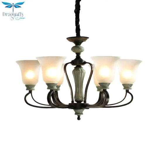 6/8 Heads Frosted Glass Chandelier Traditional Black Finish Bell Living Room Pendant Light Kit With