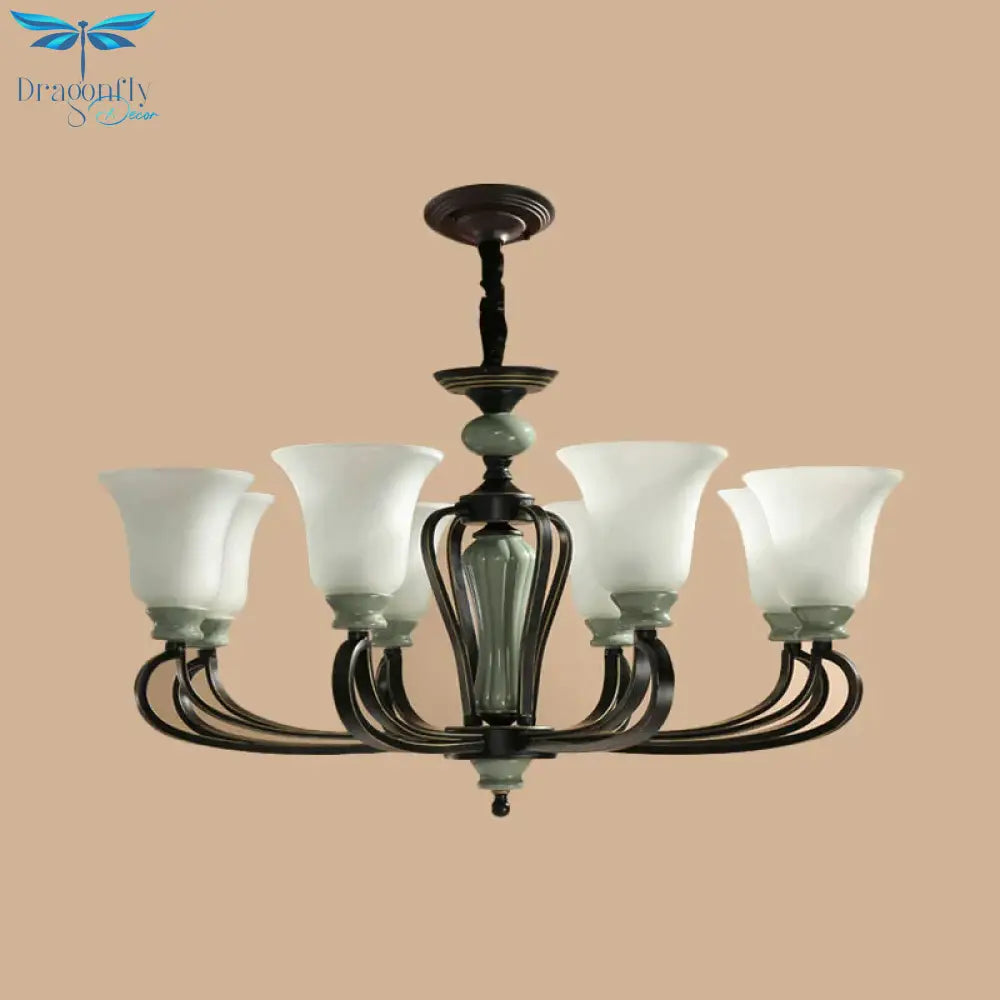 6/8 Heads Frosted Glass Chandelier Traditional Black Finish Bell Living Room Pendant Light Kit With