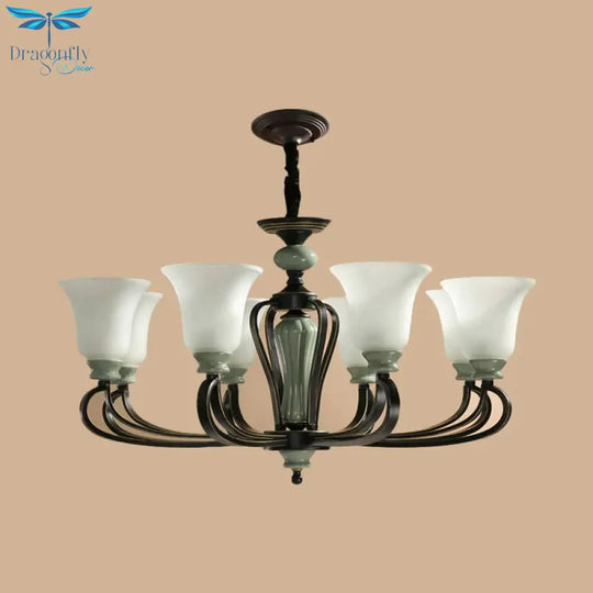 6/8 Heads Frosted Glass Chandelier Traditional Black Finish Bell Living Room Pendant Light Kit With