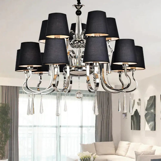 6/8 Heads Metal Suspension Lamp Country Conic Fabric Chandelier Pendant Light In Black With Crystal