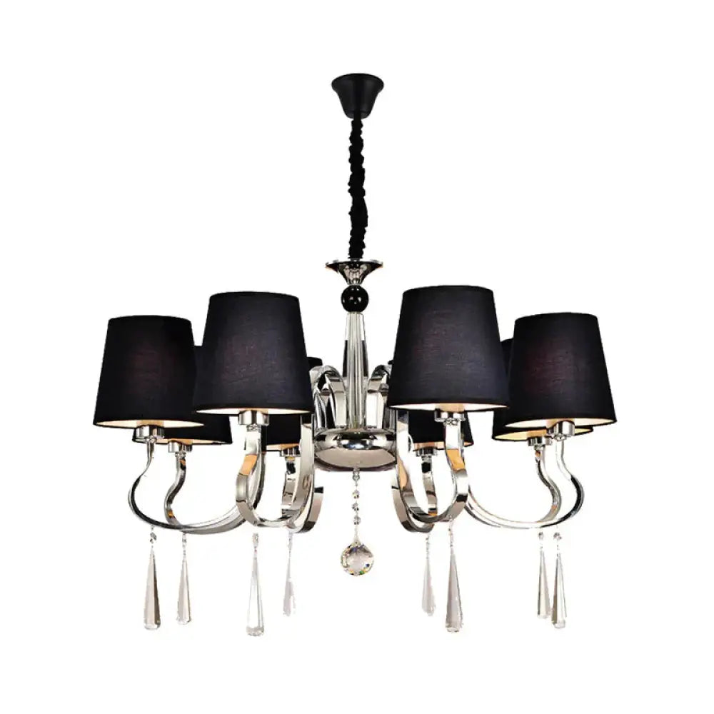 6/8 Heads Metal Suspension Lamp Country Conic Fabric Chandelier Pendant Light In Black With Crystal