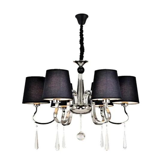 6/8 Heads Metal Suspension Lamp Country Conic Fabric Chandelier Pendant Light In Black With Crystal